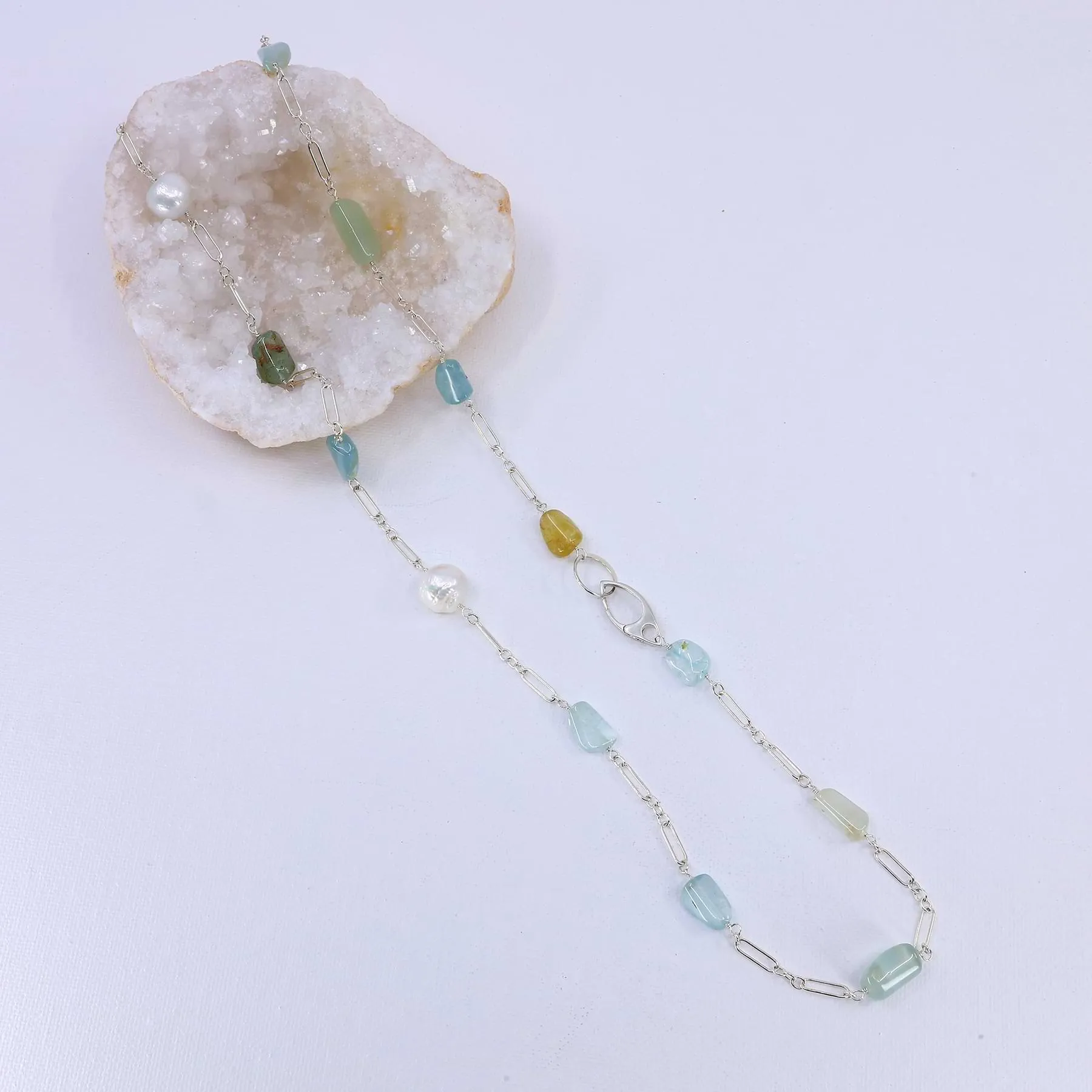 Carmel - Aquamarine and Pearl Sterling Silver Necklace