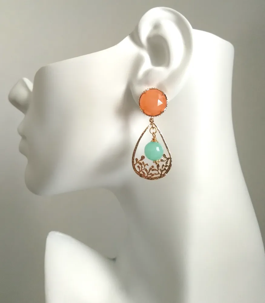 Carnelian and Mint Green Jade Filigree Frame Brass Stud Earrings