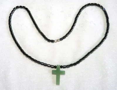 Chinese Jade on Hematite Cord Cross Pendant Necklace (NJNECK-107)