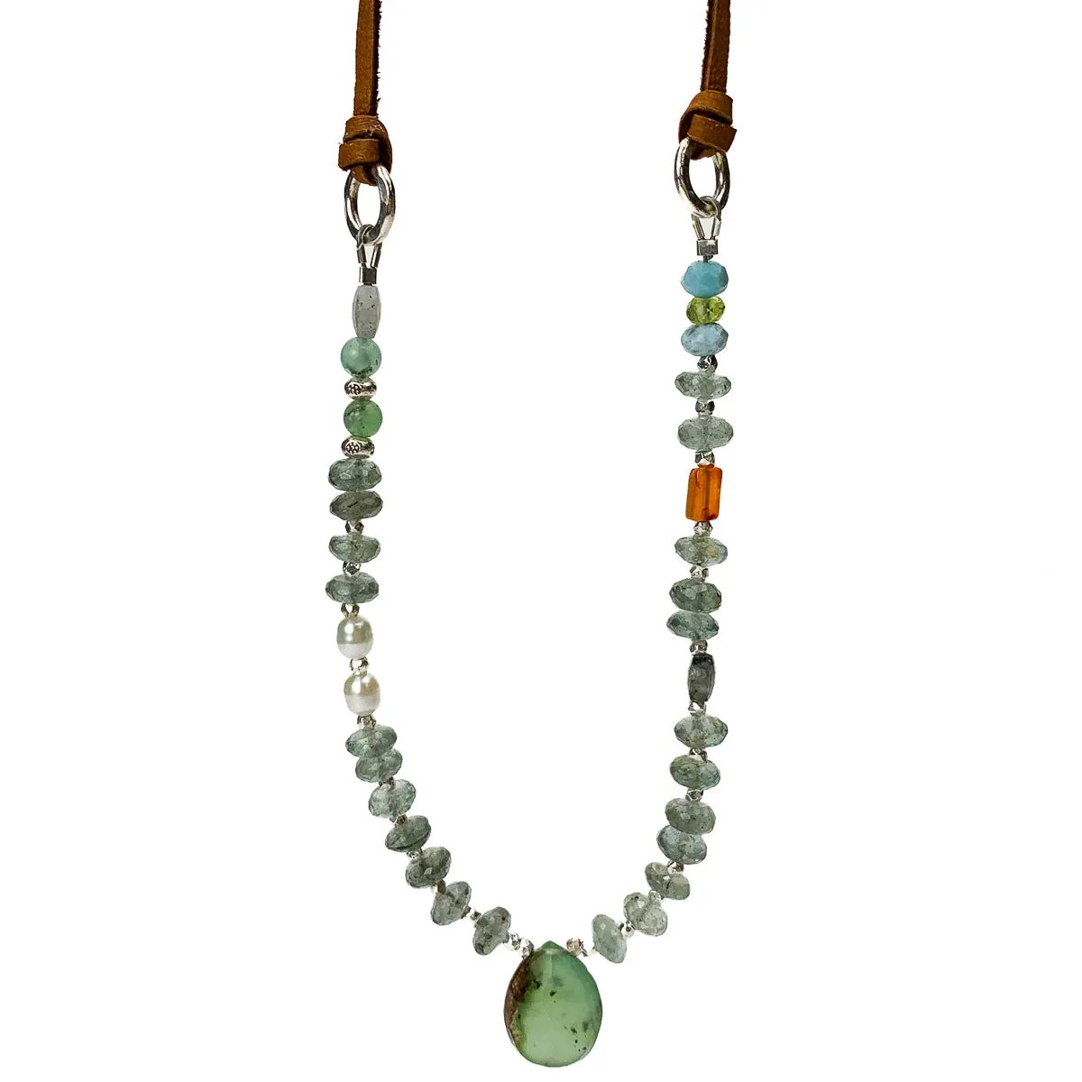 Chrysoprase, Moss Aquamarine, Freshwater Pearls, Labradorite, Larimar, Carnelian Necklace #6