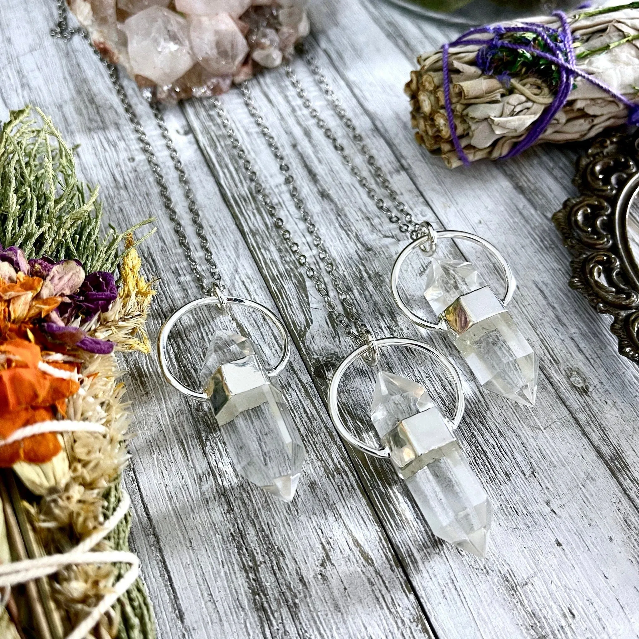 Clear Quartz Crystal Point Necklace in Sterling Silver  -Designed by FOXLARK Collection