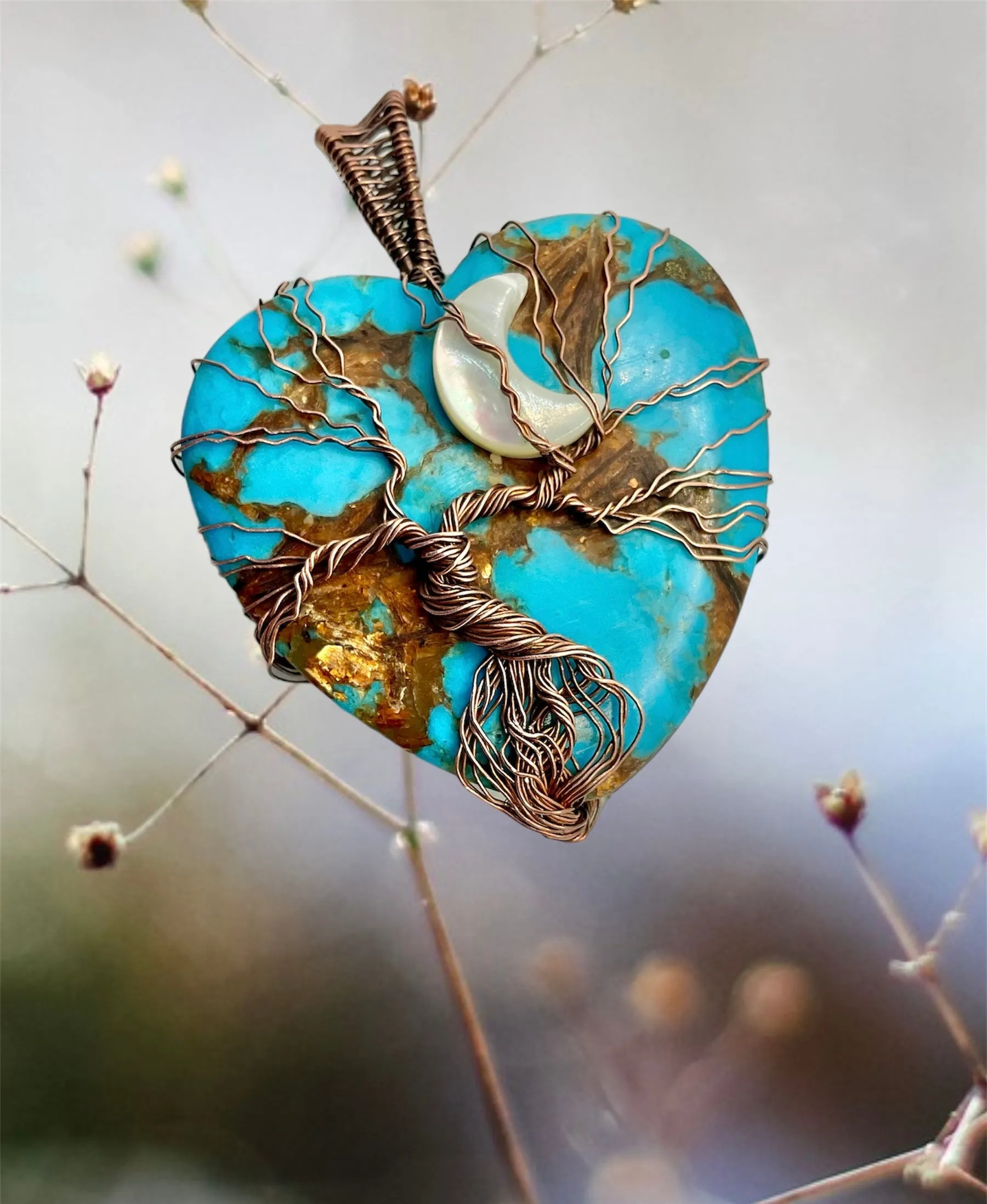 Copper Turquoise Heart Tree of Life Pendant