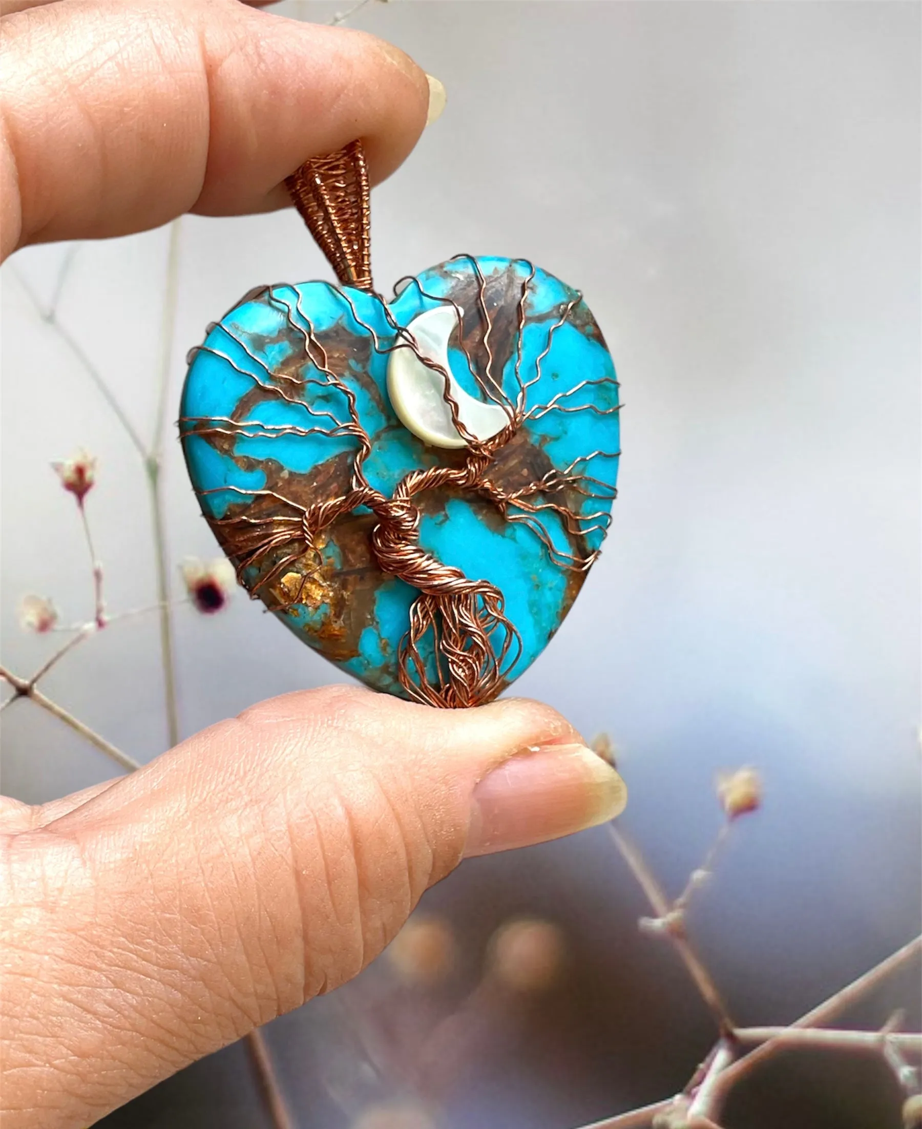 Copper Turquoise Heart Tree of Life Pendant