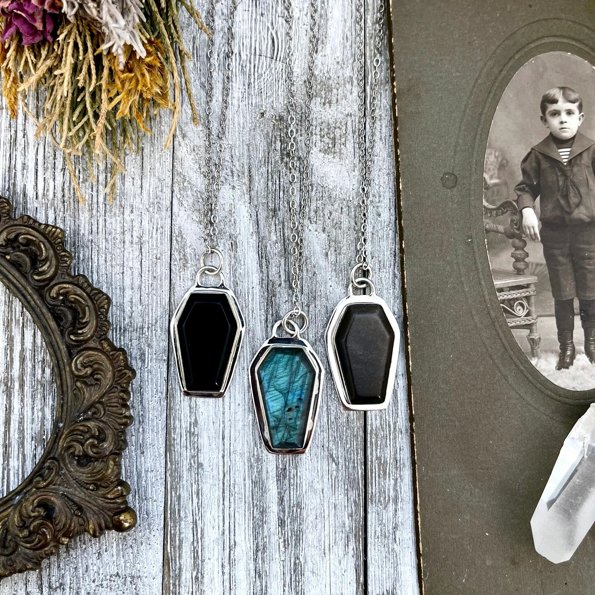 Crystal Coffin Necklace in Sterling Silver- Black Onyx, Labradorite or Silver Sheen Obsidian -Designed by FOXLARK Collection