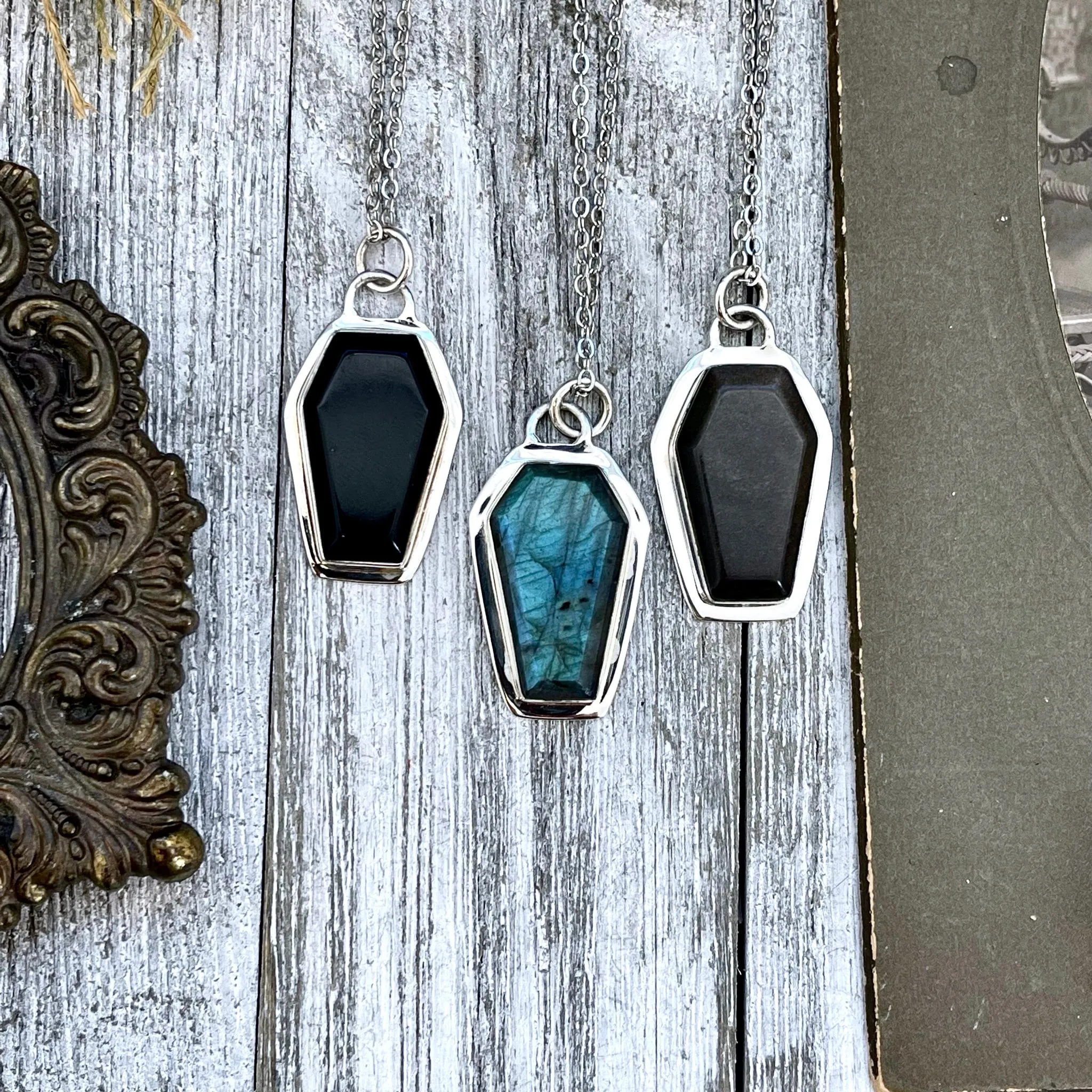 Crystal Coffin Necklace in Sterling Silver- Black Onyx, Labradorite or Silver Sheen Obsidian -Designed by FOXLARK Collection