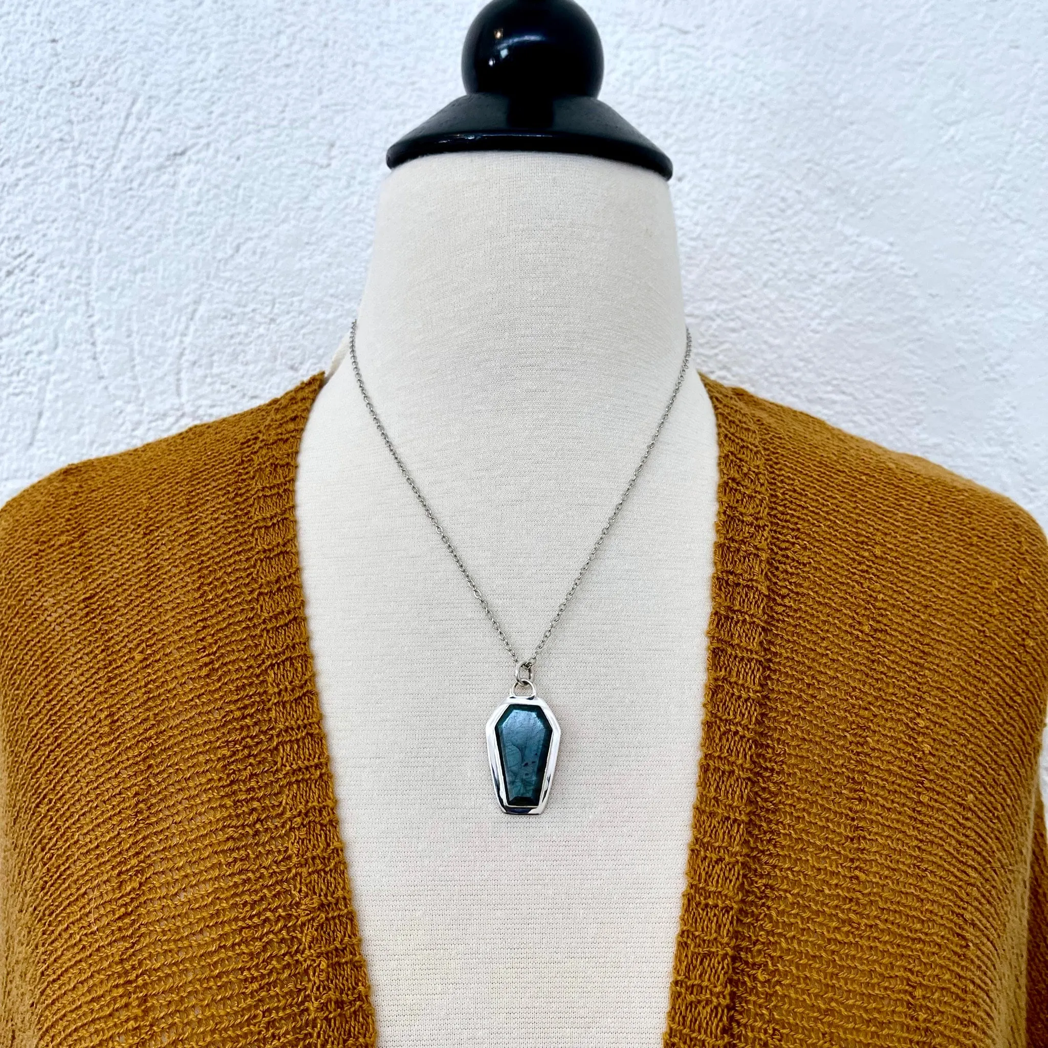 Crystal Coffin Necklace in Sterling Silver- Black Onyx, Labradorite or Silver Sheen Obsidian -Designed by FOXLARK Collection