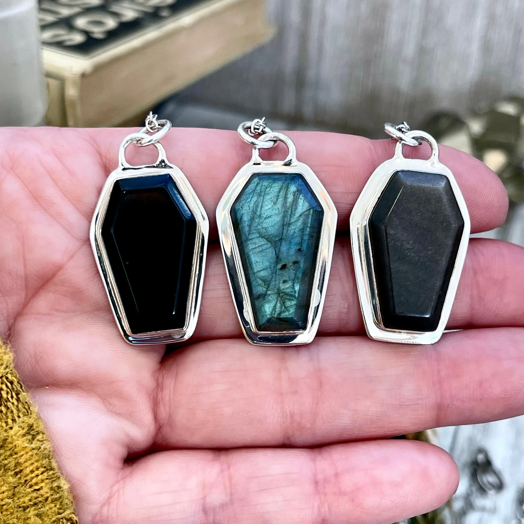 Crystal Coffin Necklace in Sterling Silver- Black Onyx, Labradorite or Silver Sheen Obsidian -Designed by FOXLARK Collection