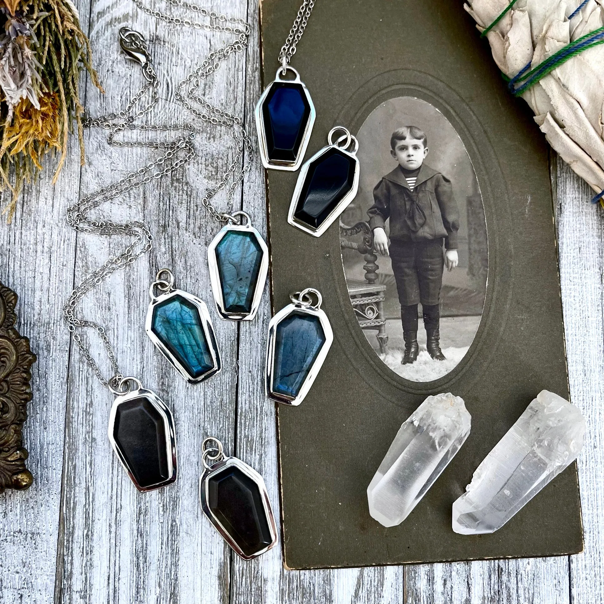 Crystal Coffin Necklace in Sterling Silver- Black Onyx, Labradorite or Silver Sheen Obsidian -Designed by FOXLARK Collection