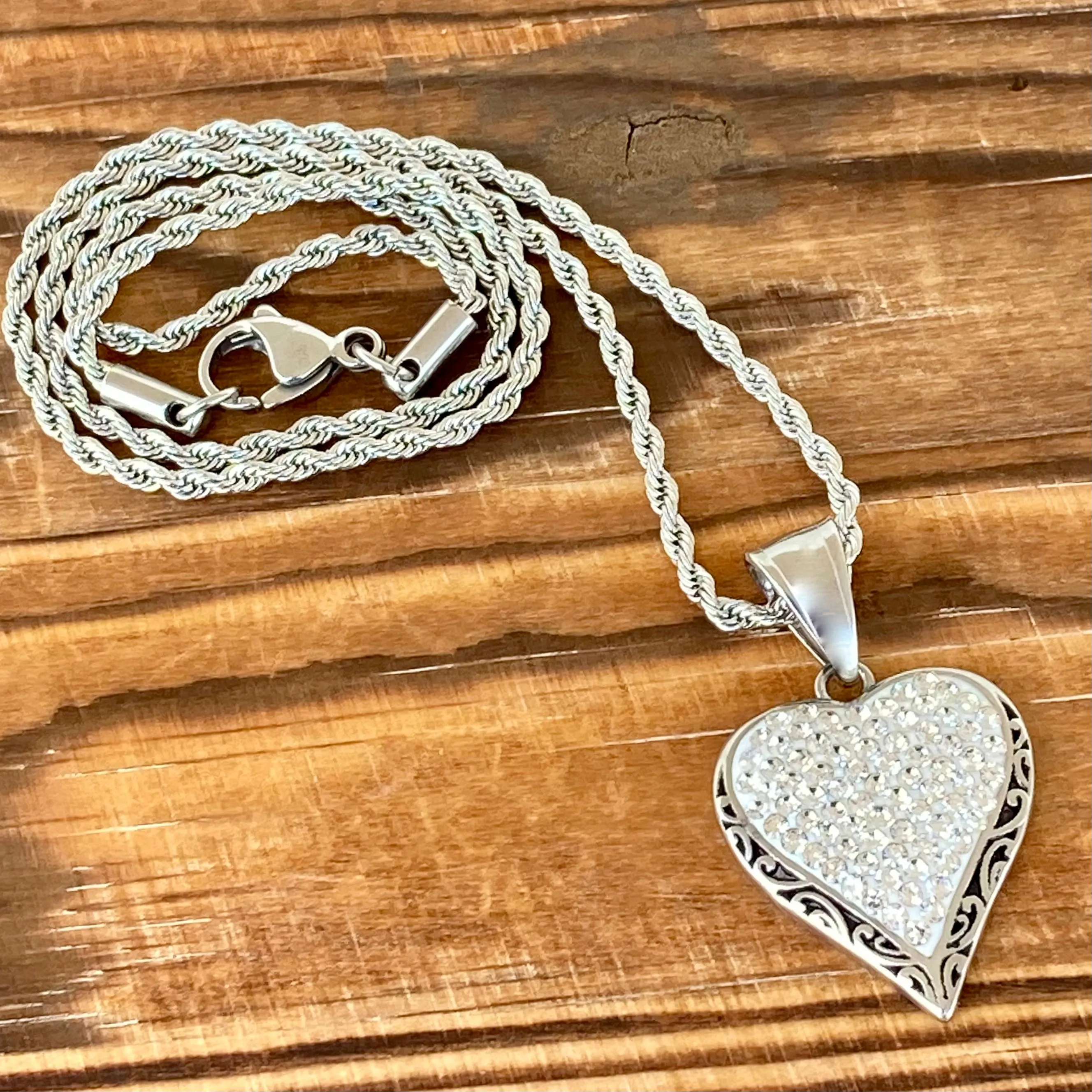 Crystal Heart Mini Pendant - White - Rope Necklace - AJ01M