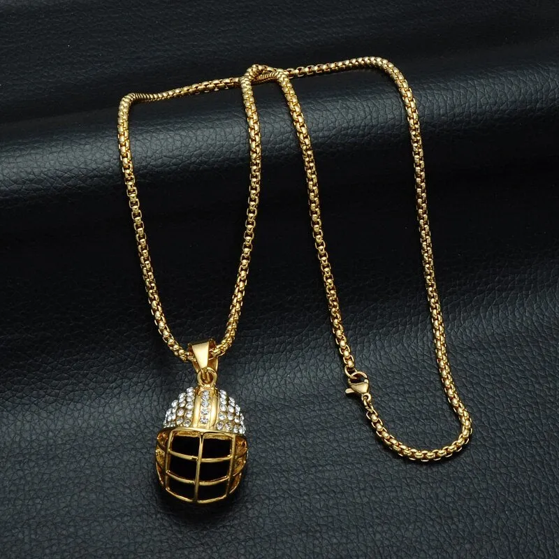 Crystal-Studded Gold-Plated Rugby Hat Bling Stainless Steel Hip-hop Pendant Necklace