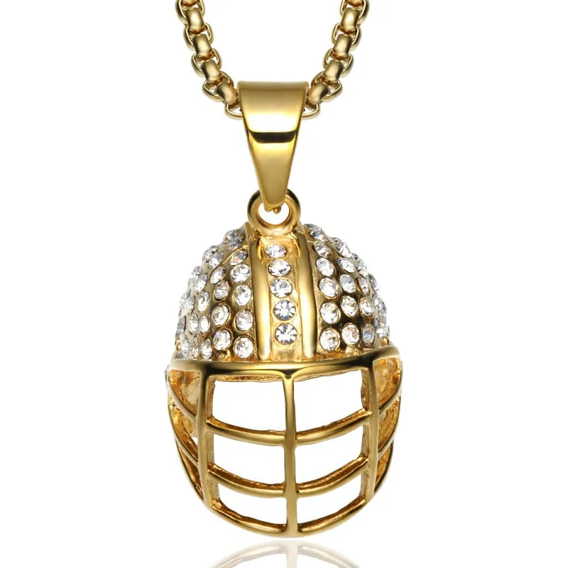 Crystal-Studded Gold-Plated Rugby Hat Bling Stainless Steel Hip-hop Pendant Necklace