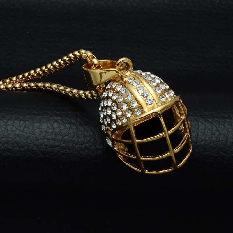 Crystal-Studded Gold-Plated Rugby Hat Bling Stainless Steel Hip-hop Pendant Necklace