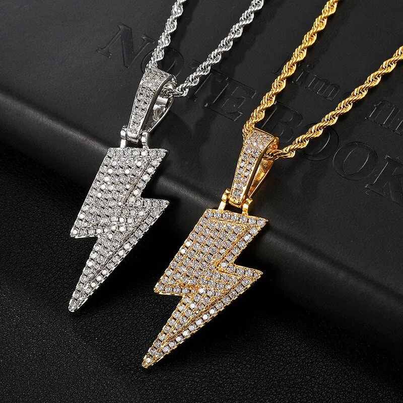 Cubic-Zirconia-Studded Lightning Bling Fashion Hip-hop Pendant Necklace