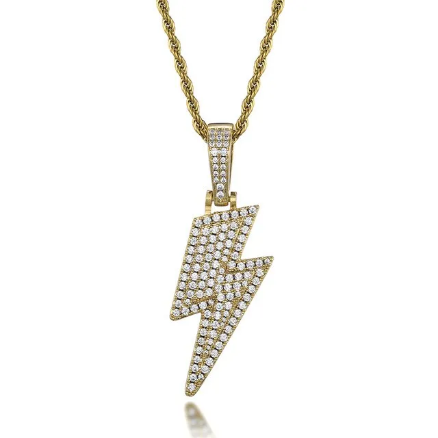 Cubic-Zirconia-Studded Lightning Bling Fashion Hip-hop Pendant Necklace