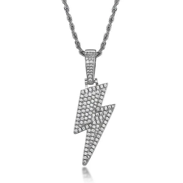 Cubic-Zirconia-Studded Lightning Bling Fashion Hip-hop Pendant Necklace