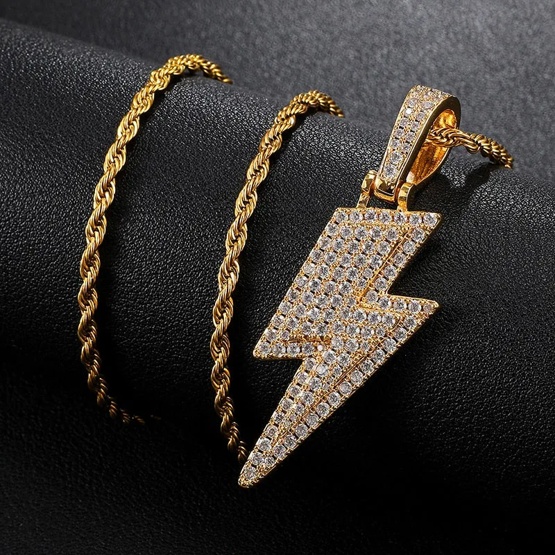 Cubic-Zirconia-Studded Lightning Bling Fashion Hip-hop Pendant Necklace