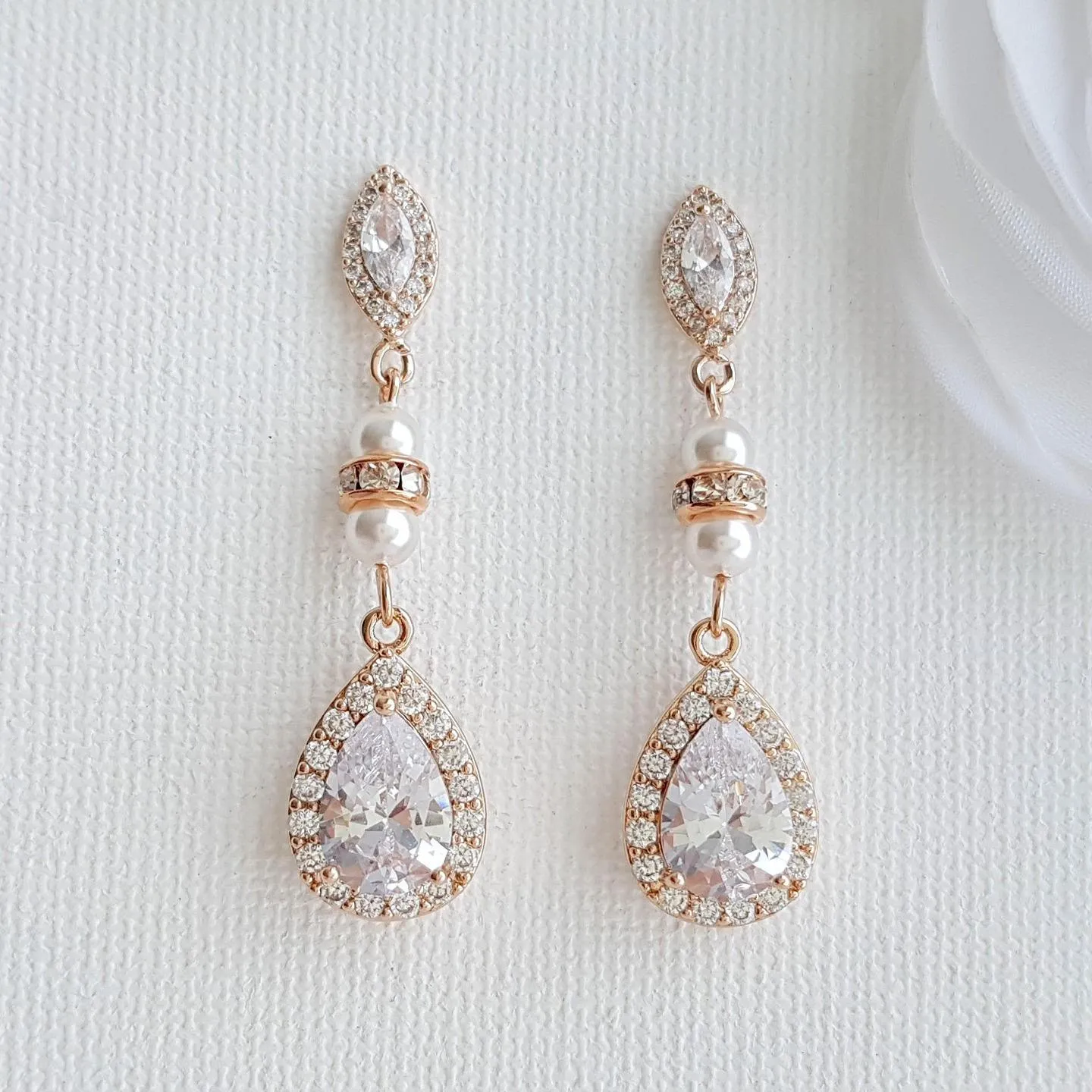 CZ & Pearl Wedding Drop Earrings for Brides-Ella