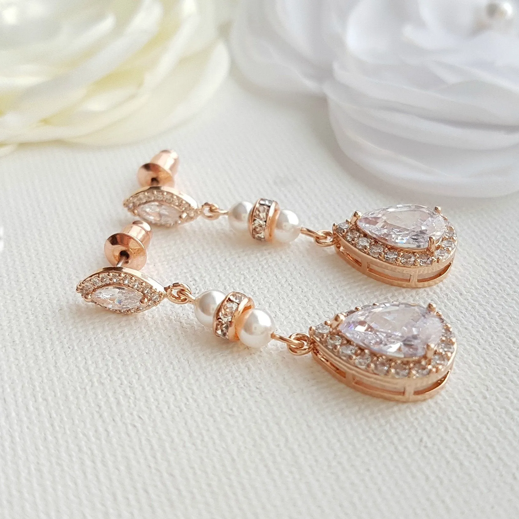 CZ & Pearl Wedding Drop Earrings for Brides-Ella