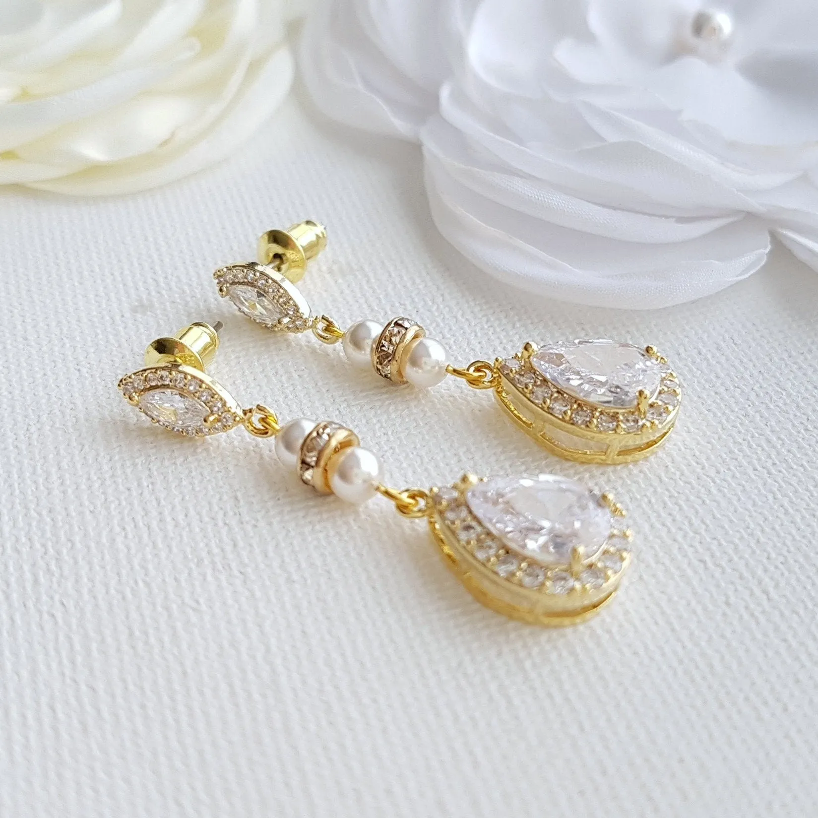 CZ & Pearl Wedding Drop Earrings for Brides-Ella