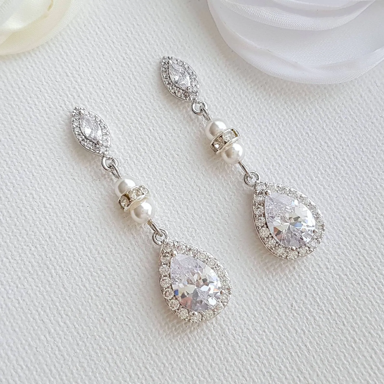 CZ & Pearl Wedding Drop Earrings for Brides-Ella