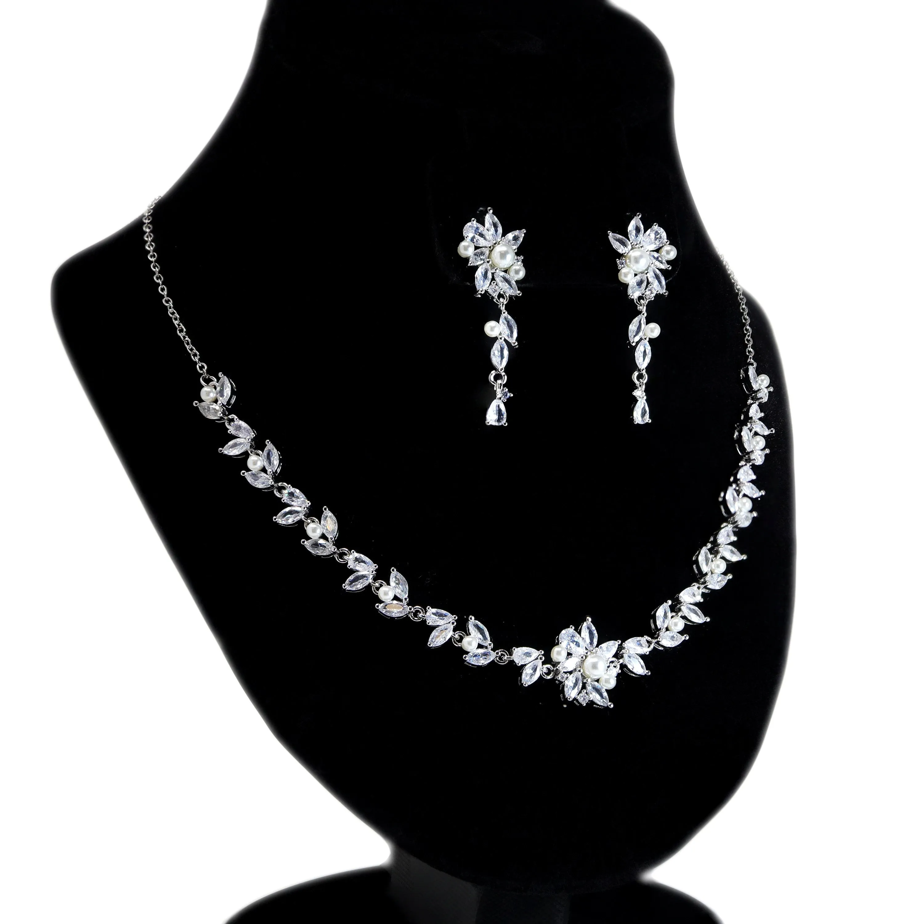 CZ Cascading Dreams: Silver Floral Vine Necklace with Pearl Drops, Bridal Necklace Set, Bridal Jewelry, Statement Necklace