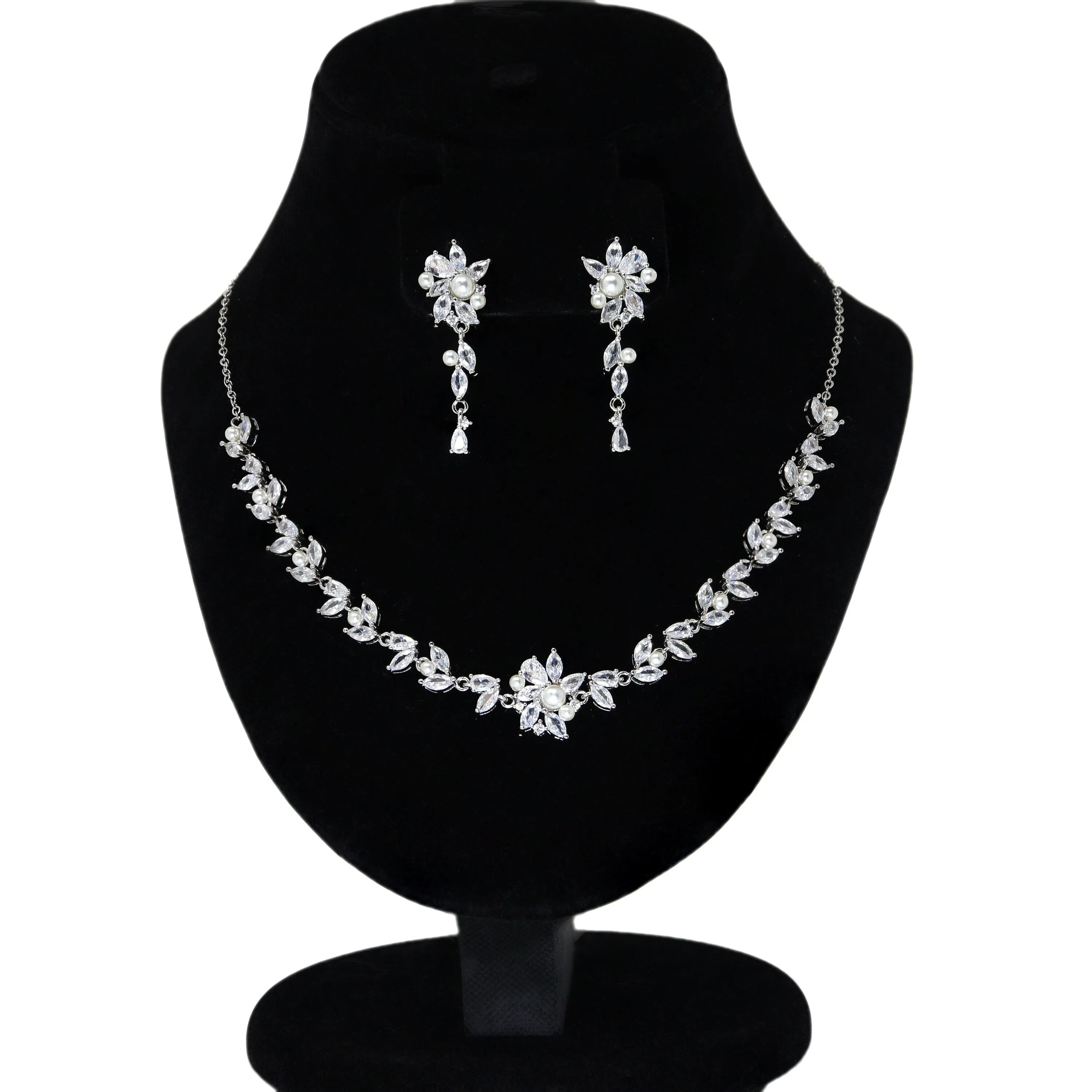 CZ Cascading Dreams: Silver Floral Vine Necklace with Pearl Drops, Bridal Necklace Set, Bridal Jewelry, Statement Necklace