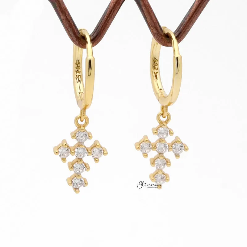 CZ Cross Charm Huggie Hoop Earrings - Gold