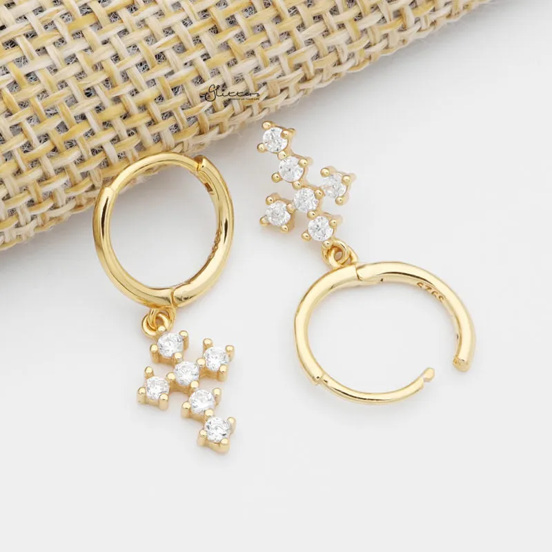 CZ Cross Charm Huggie Hoop Earrings - Gold