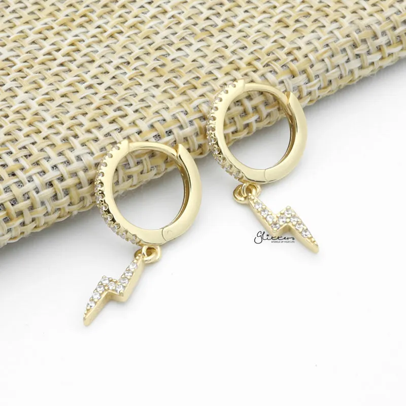 CZ Paved Huggie Hoop Earrings with Dangle Lightning Bolt - Gold