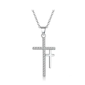 Double Cross Cubic Zirconia 925 Sterling Silver Fashion Pendant Necklace