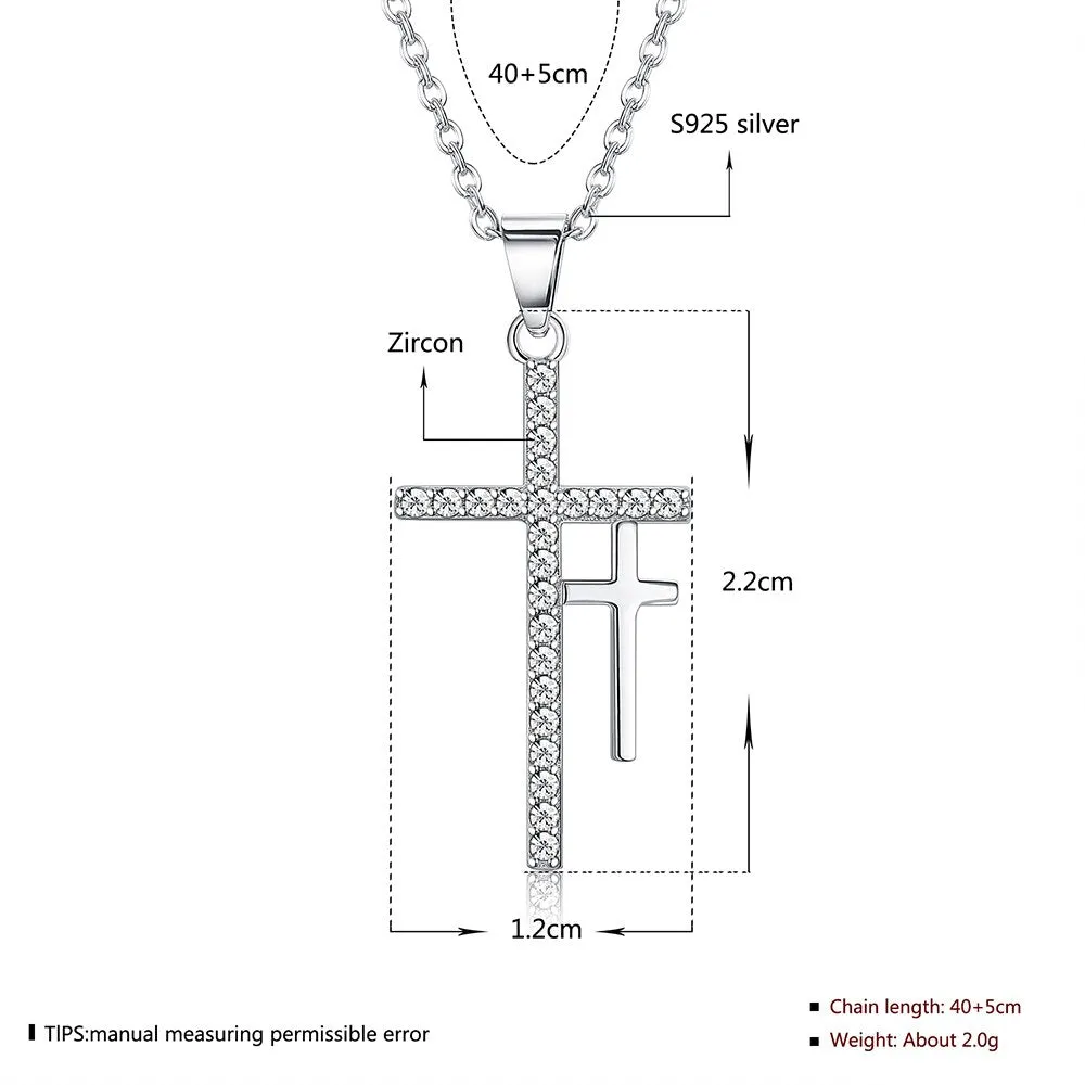 Double Cross Cubic Zirconia 925 Sterling Silver Fashion Pendant Necklace