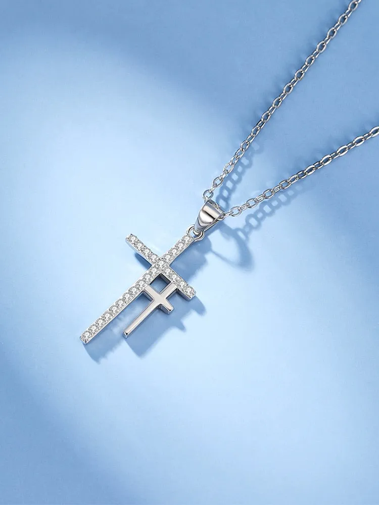 Double Cross Cubic Zirconia 925 Sterling Silver Fashion Pendant Necklace