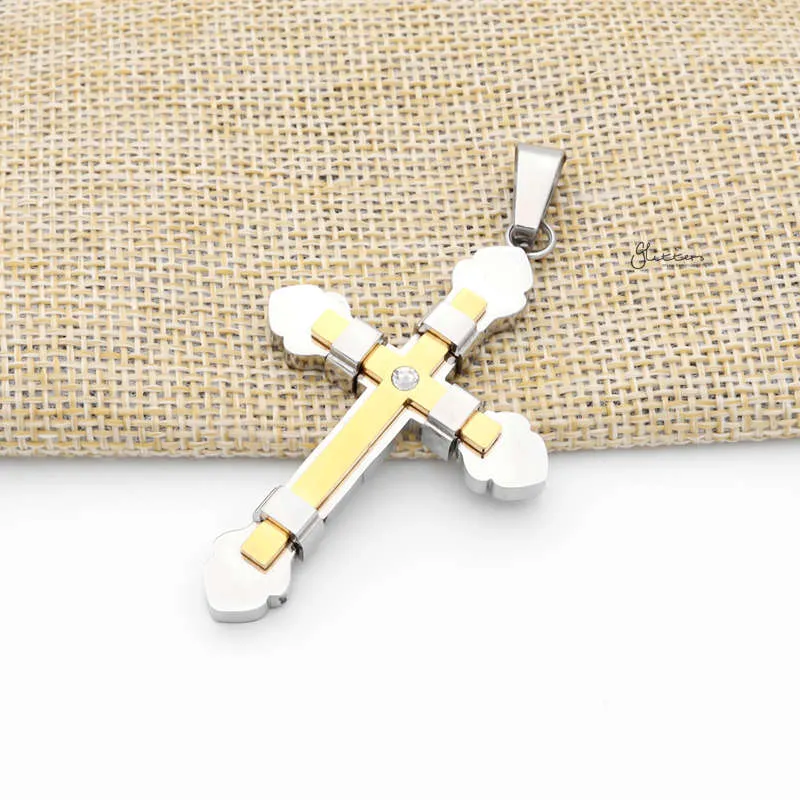 Double Layer Cross Pendant with CZ - Gold