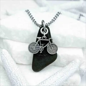 Exceptional Black Sea Glass Pendant with Sterling Silver Bicycle Charm | 5216