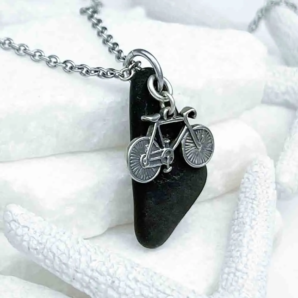 Exceptional Black Sea Glass Pendant with Sterling Silver Bicycle Charm | 5216