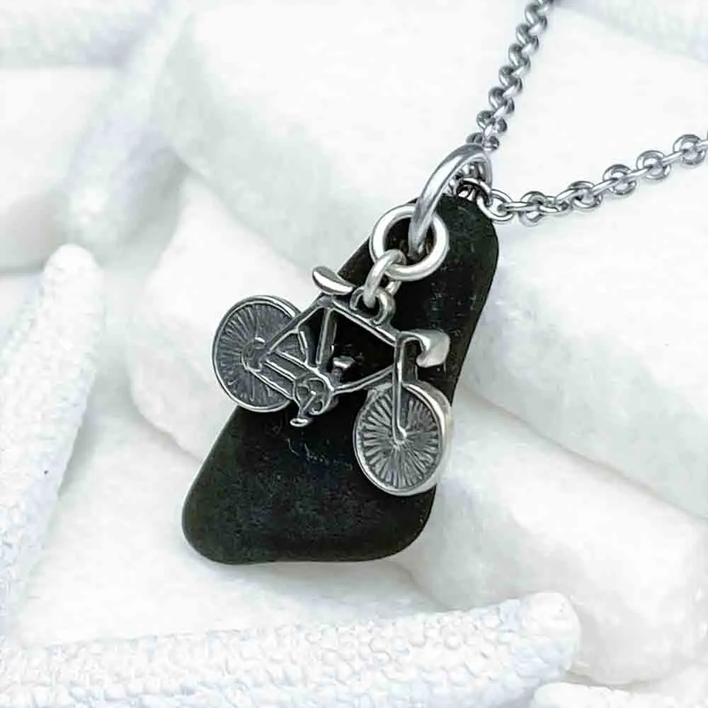 Exceptional Black Sea Glass Pendant with Sterling Silver Bicycle Charm | 5216