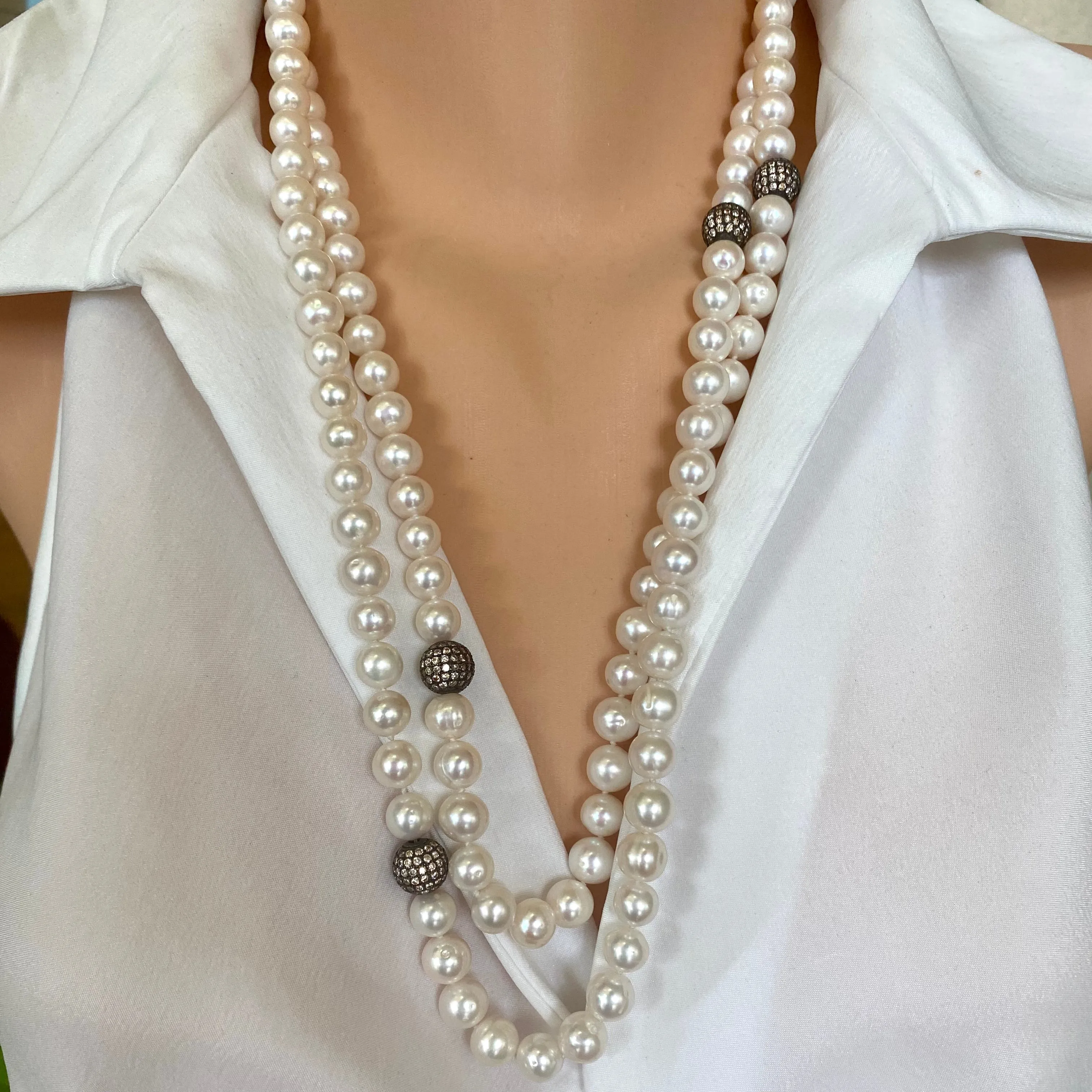 Exquisite Sautoir, Top Quality Freshwater Pearls with Cubic Zirconia Pave Silver Beads, 55inches