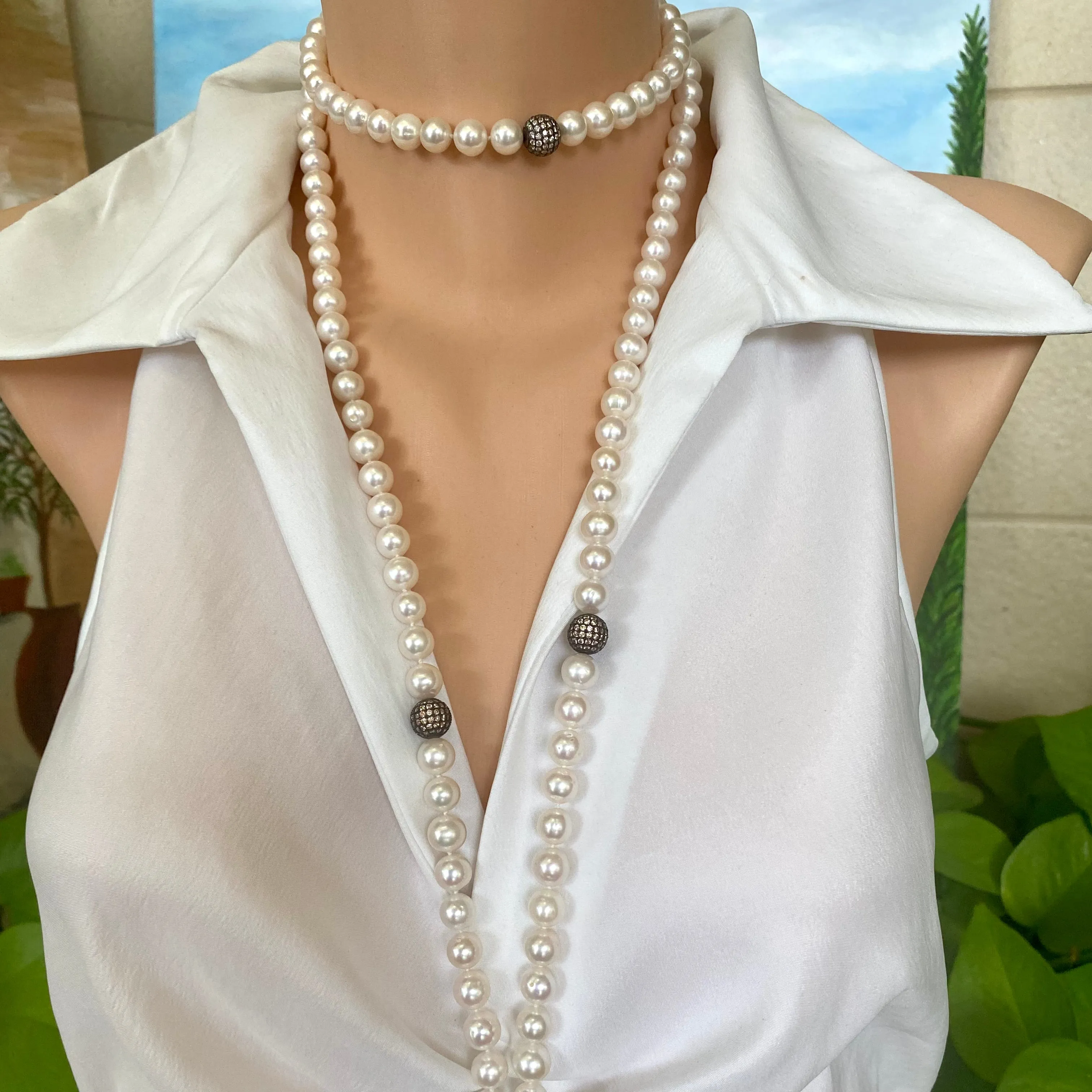 Exquisite Sautoir, Top Quality Freshwater Pearls with Cubic Zirconia Pave Silver Beads, 55inches