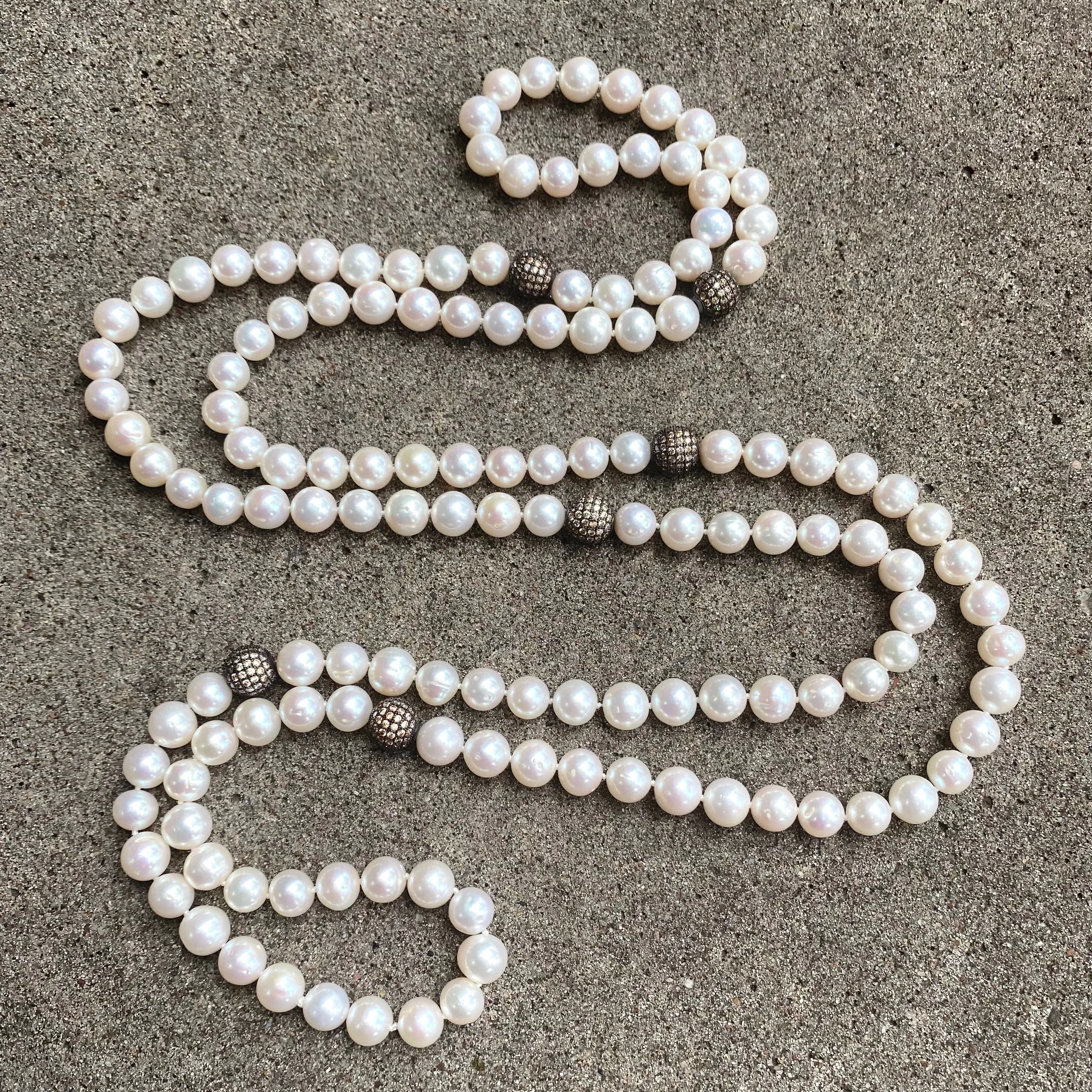 Exquisite Sautoir, Top Quality Freshwater Pearls with Cubic Zirconia Pave Silver Beads, 55inches