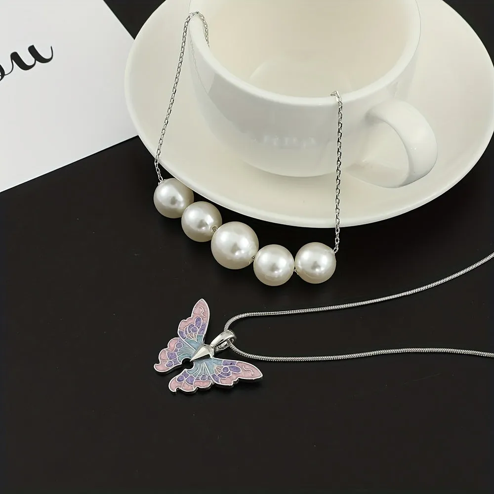 Faux Pearl & Butterfly Charm Layered Necklace For Girls Decorative Accessories Holiday Birthday Graduation Anniversary Party Gift For Girls