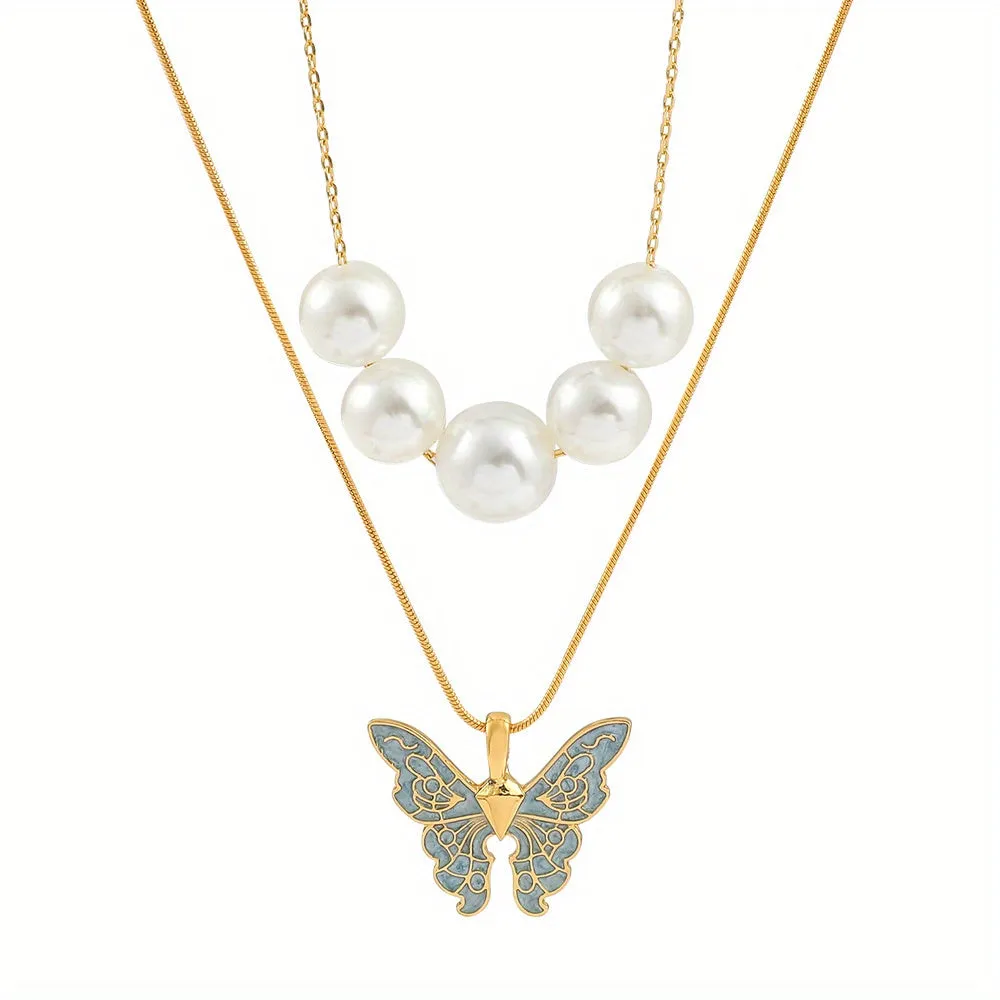 Faux Pearl & Butterfly Charm Layered Necklace For Girls Decorative Accessories Holiday Birthday Graduation Anniversary Party Gift For Girls