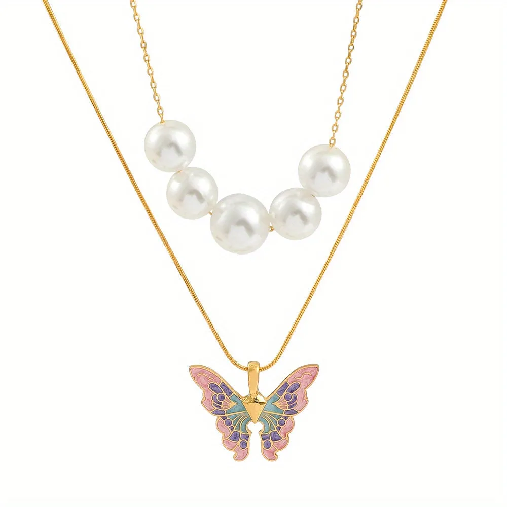 Faux Pearl & Butterfly Charm Layered Necklace For Girls Decorative Accessories Holiday Birthday Graduation Anniversary Party Gift For Girls