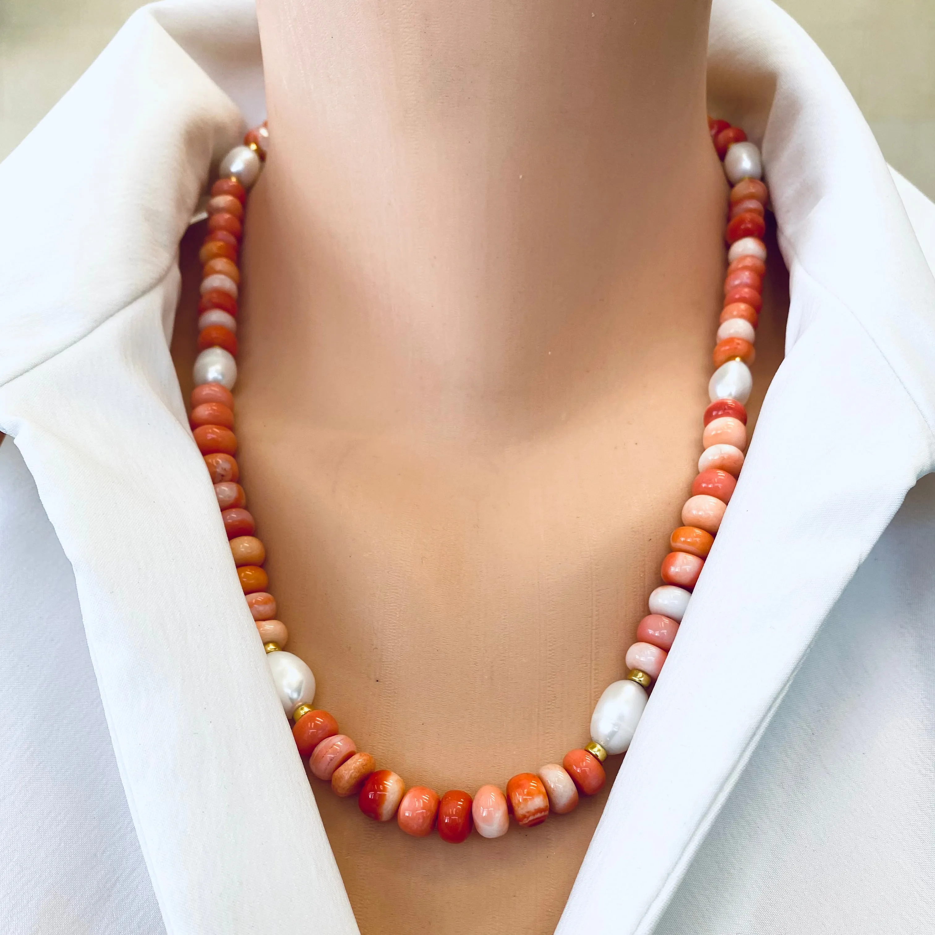 Fire Red Opal Candy Necklace with White Fresh Water Pearls, 21inches