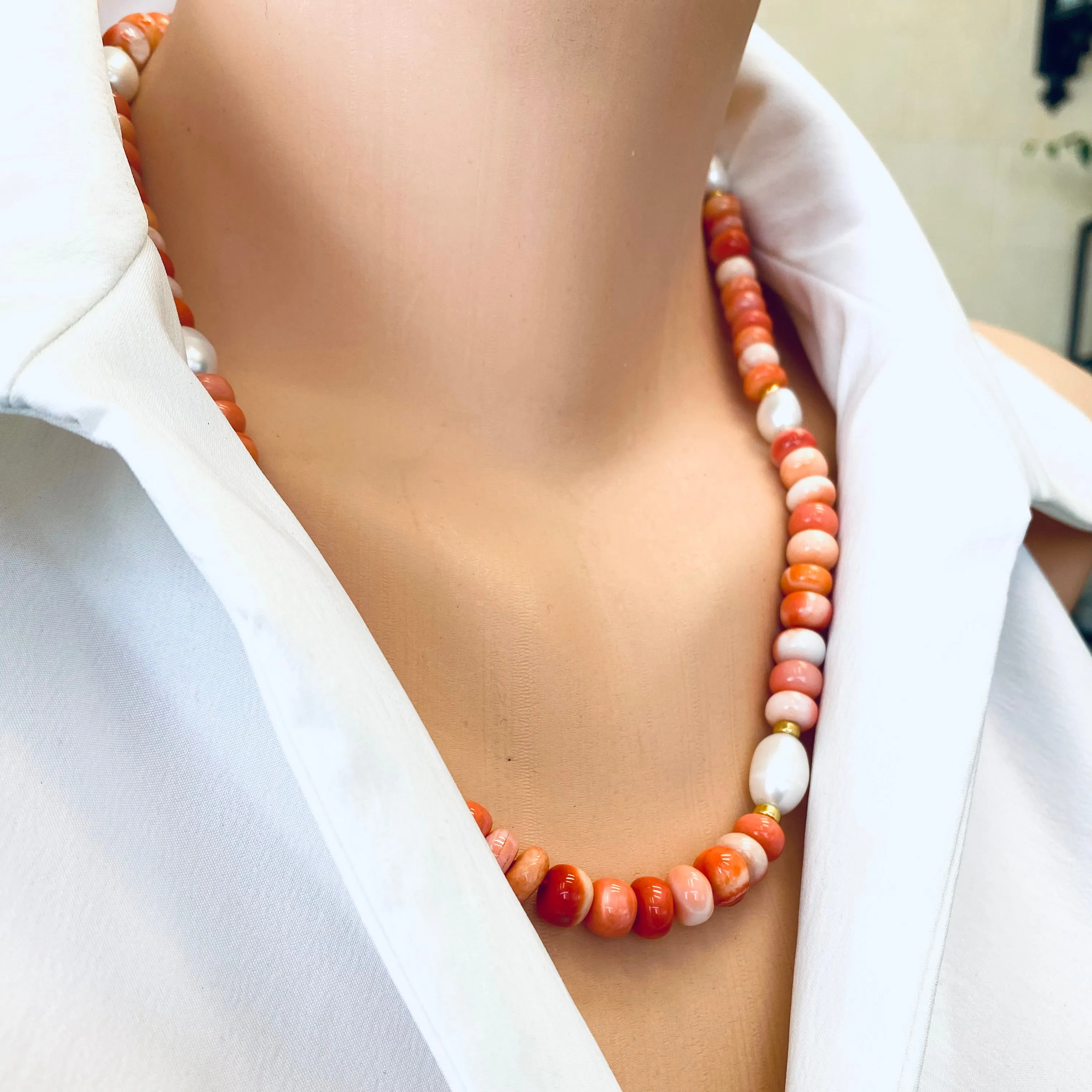 Fire Red Opal Candy Necklace with White Fresh Water Pearls, 21inches