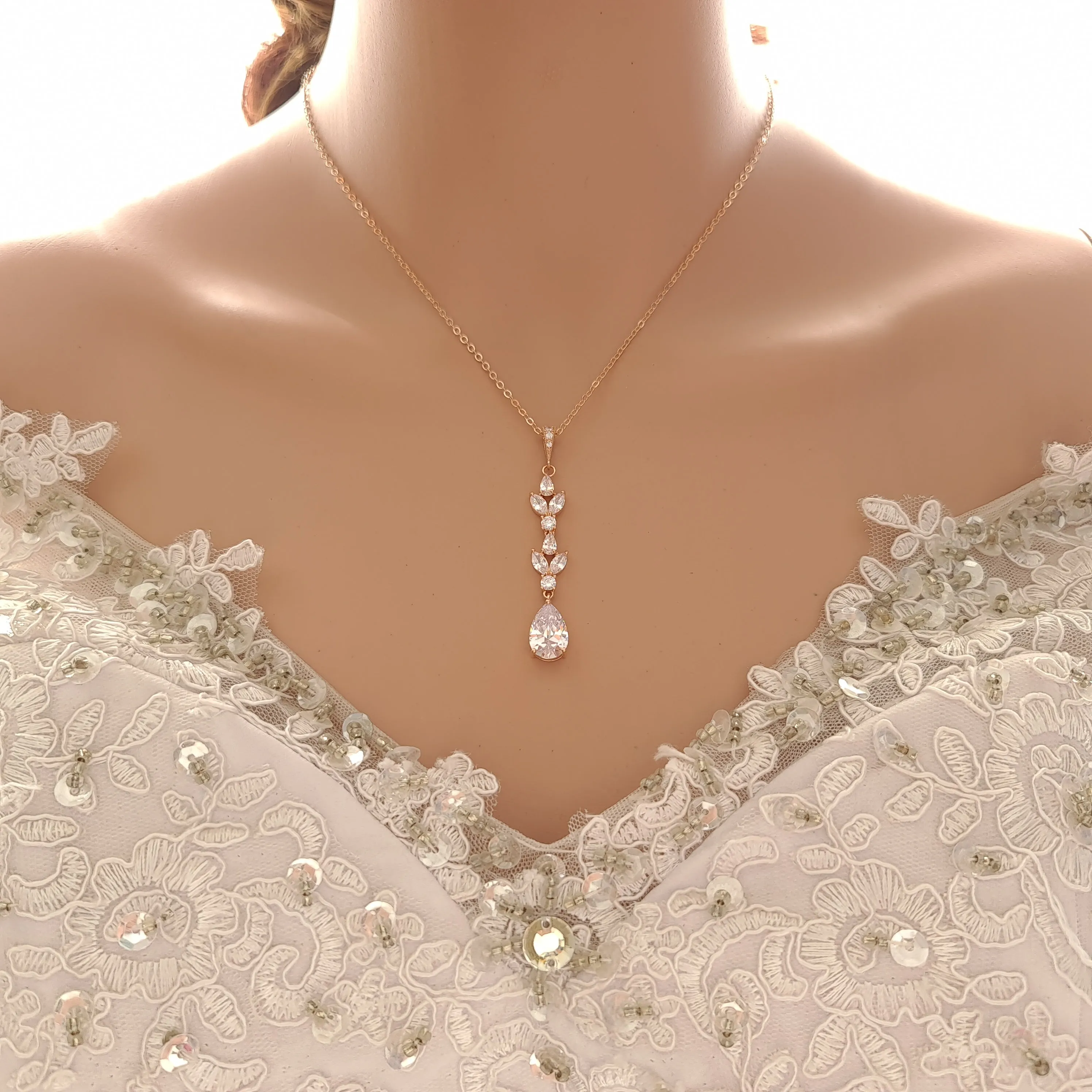 Gold Necklace with Long Pendant and Backdrop for Brides-Anya