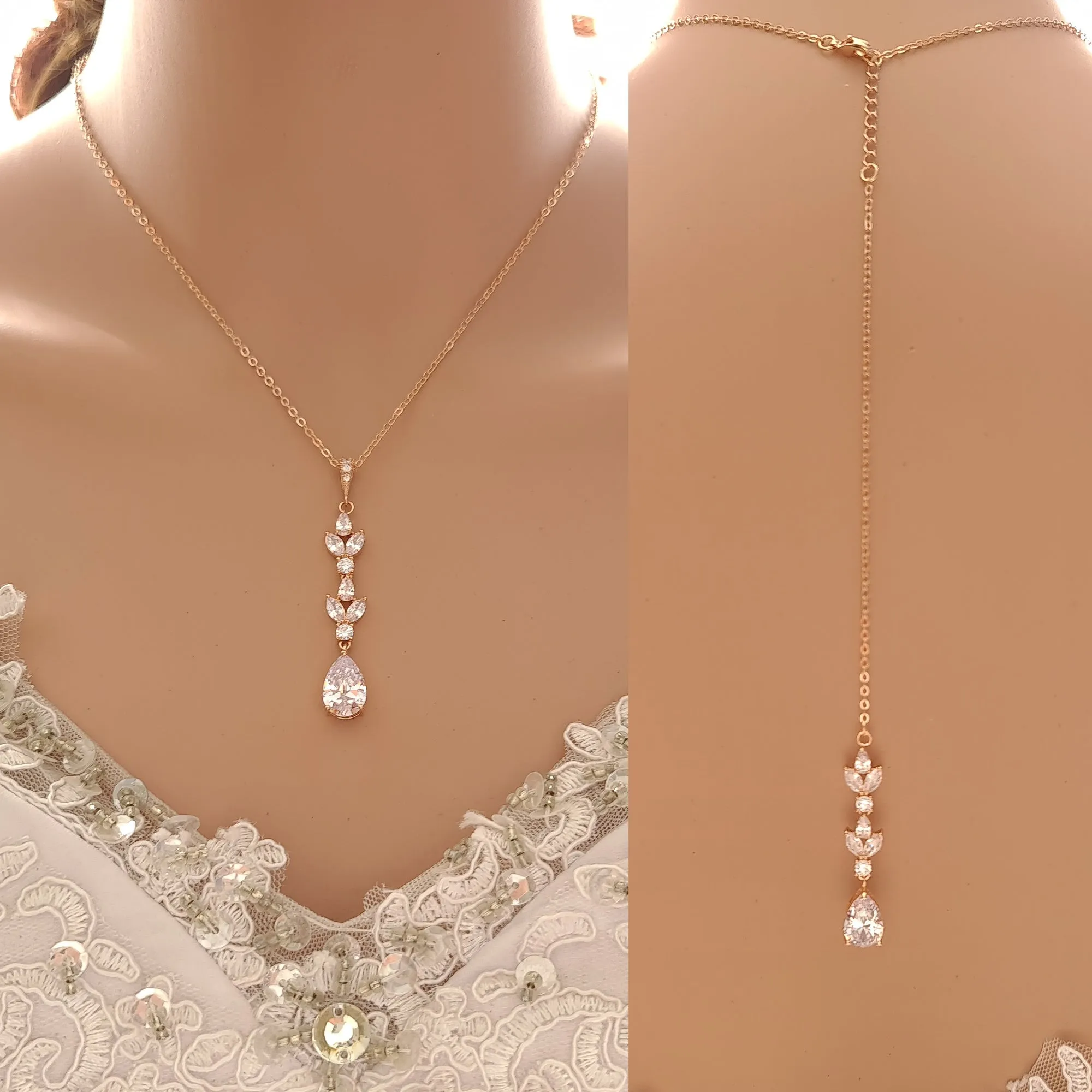 Gold Necklace with Long Pendant and Backdrop for Brides-Anya