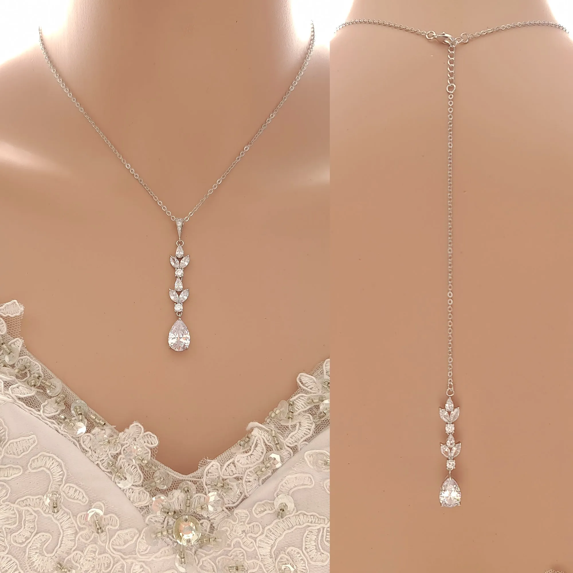 Gold Necklace with Long Pendant and Backdrop for Brides-Anya