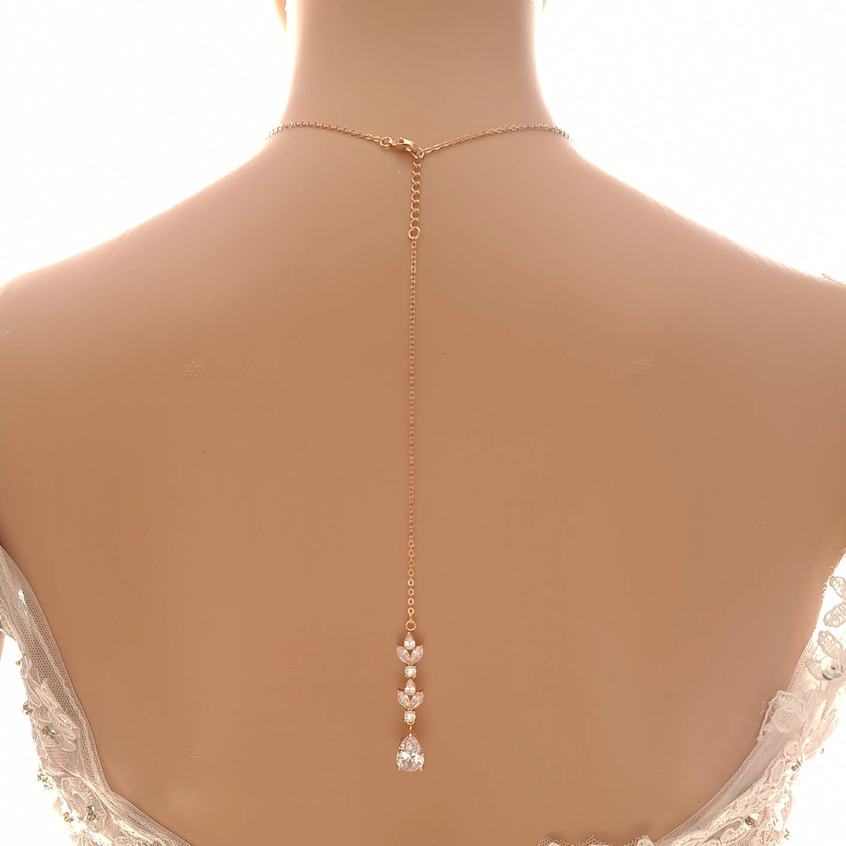 Gold Necklace with Long Pendant and Backdrop for Brides-Anya