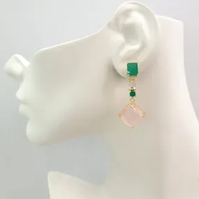 Green Agate Stud with White Topaz, Green Agate and Rose Quartz Twinset Earrings