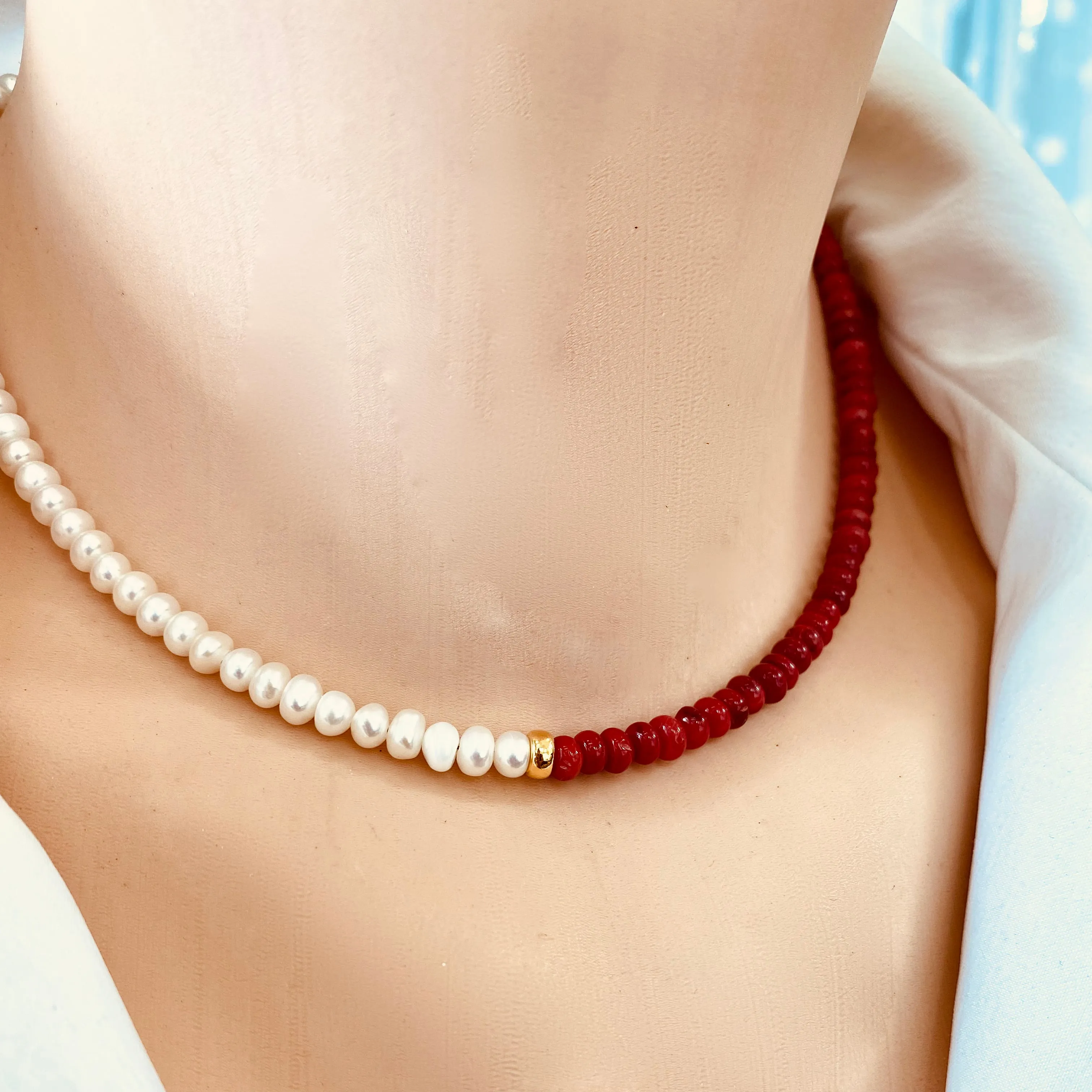 Half Coral Half Fresh Water Pearl Choker Necklace, Vermeil, Gold Plated Silver, 15.5or 16.5in